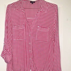 Jones New York Red Baby Gingham V-Neck Button Up Tie Front Shirt Blouse XXL